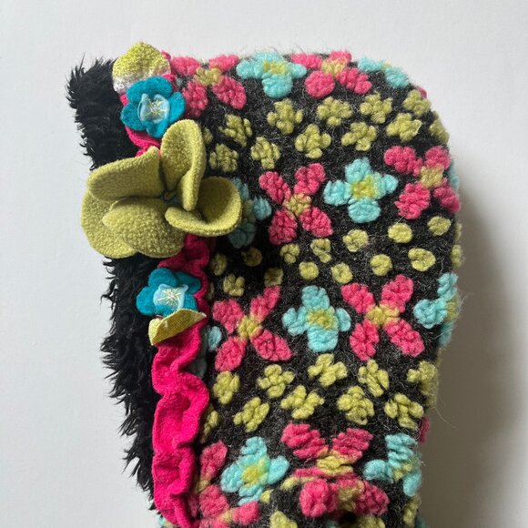 Vintage Baby Blue, Green, Pink and Black High Pile Flowers Fleece Hooded Coat - Picture 3 of 6
